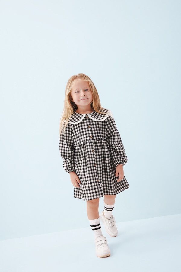 DEFACTO DEFACTO Baby Girl Large Collar Plaid Patterned Long Sleeve Button-down Flannel Dress