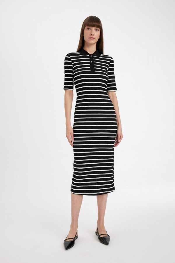 DEFACTO DEFACTO Bodycon Button Down Polo Neck Striped Ribbed Camisole Half Sleeve Midi Dress