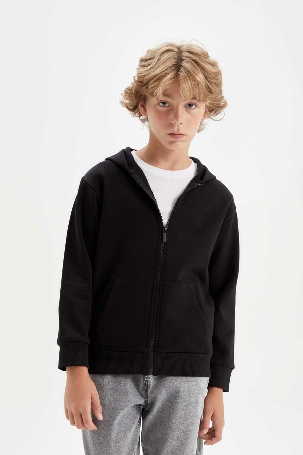 DEFACTO DEFACTO Boy Basic Plain Black Hooded Zippered Pocket School Cardigan