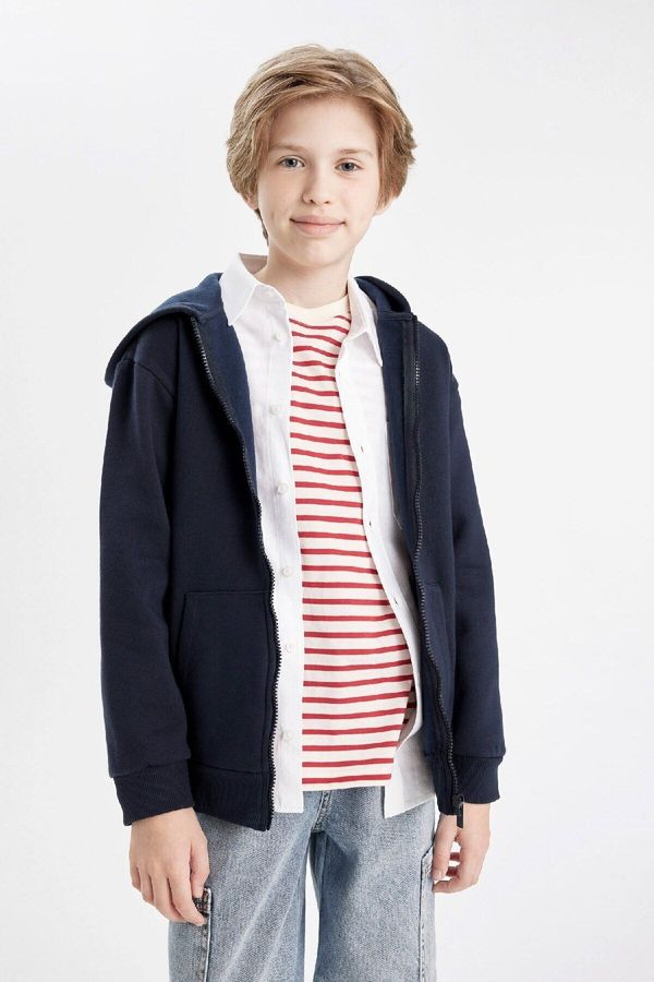 DEFACTO DEFACTO Boy Basic Plain Navy Blue Hooded Zippered Pocket School Cardigan