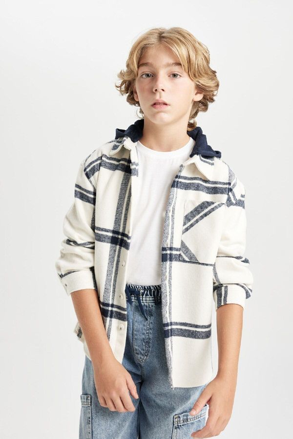 DEFACTO DEFACTO Boy Oversize Fit Hooded Flannel Long Sleeve Shirt