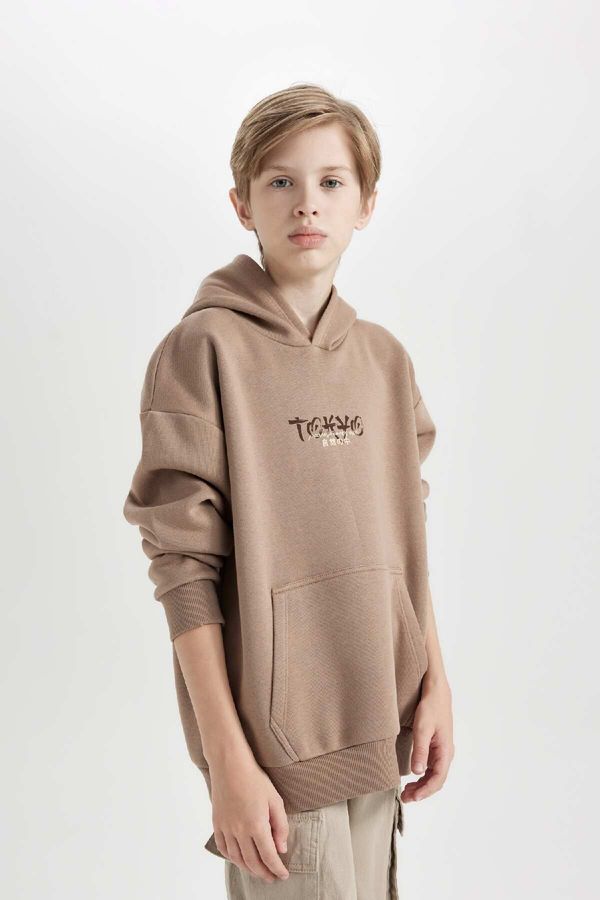 DEFACTO DEFACTO Boy Oversize Fit Wide Mold Back Printed Hooded Sweatshirt