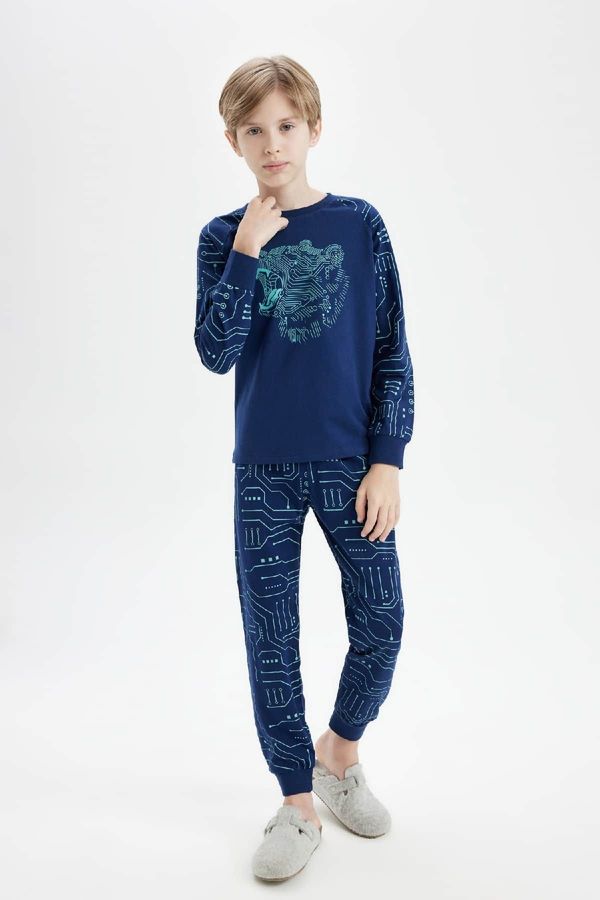 DEFACTO DEFACTO Boy Printed Long Sleeve Top Long Bottom Pajama Set