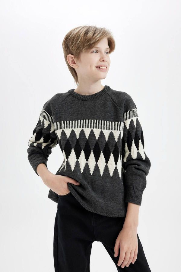 DEFACTO DEFACTO Boy Regular Fit Crew Neck Diamond Patterned Knitwear Sweater