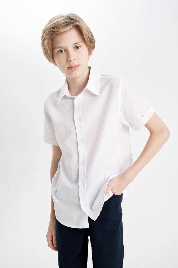 DEFACTO DEFACTO Boy Textured White Short Sleeve Basic Plain School Shirt