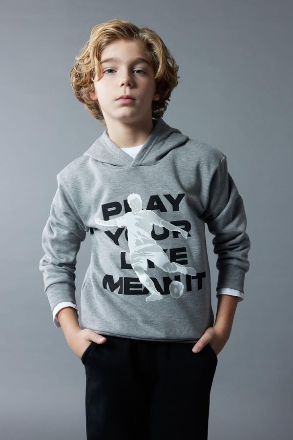 DEFACTO DEFACTO Boy's Hooded Printed Thick Sweatshirt