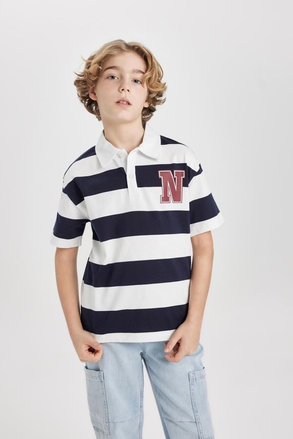 DEFACTO DEFACTO Boys Oversize Fit Striped Printed Short Sleeve Polo T-Shirt