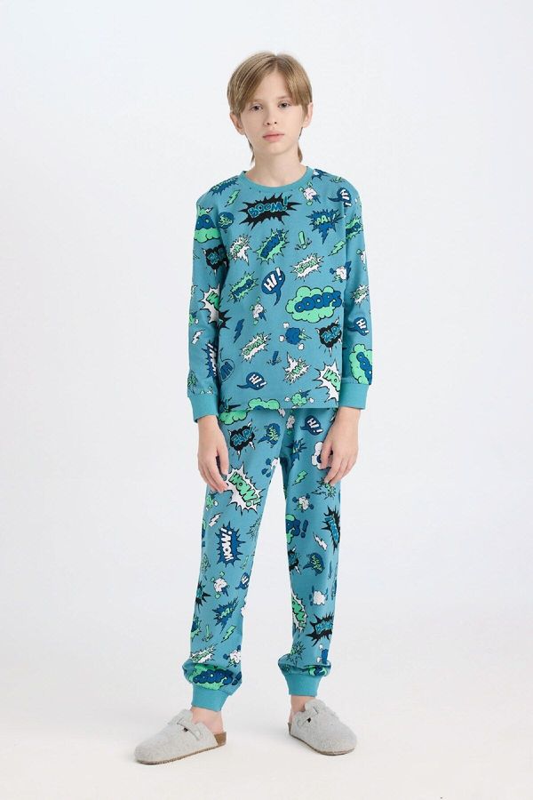 DEFACTO DEFACTO Boy's Patterned Long Sleeve Top Elastic Waist Long Pajama Set