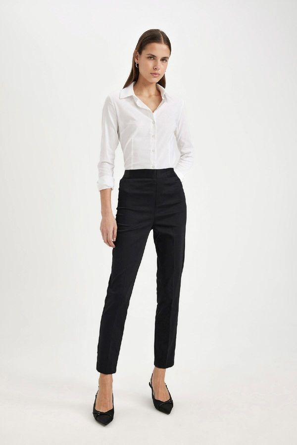 DEFACTO DEFACTO Cigarette Normal Waist Elastic Straight Leg Basic Plain Black Satin Trousers