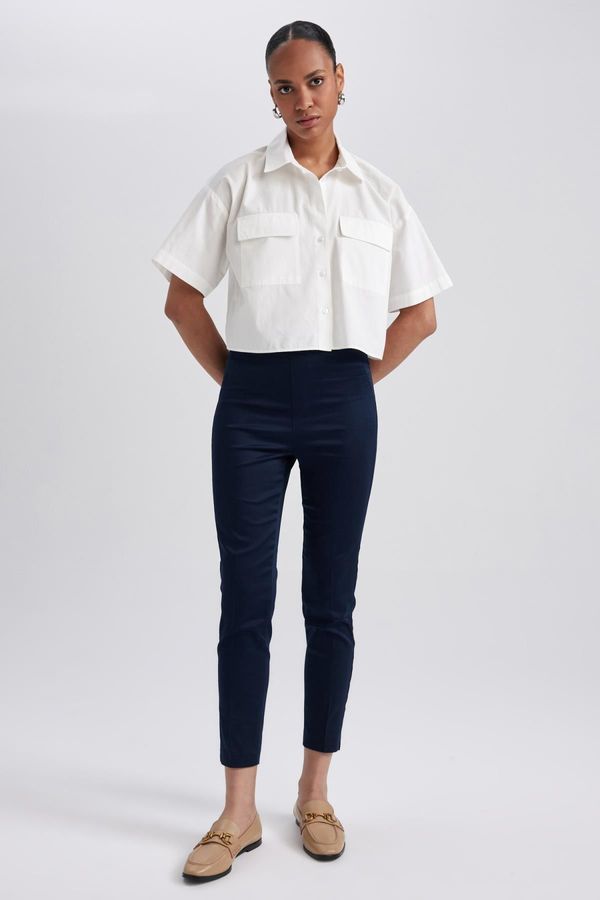 DEFACTO DEFACTO Cigarette Normal Waist Elastic Straight Leg Basic Plain Navy Blue Satin Trousers