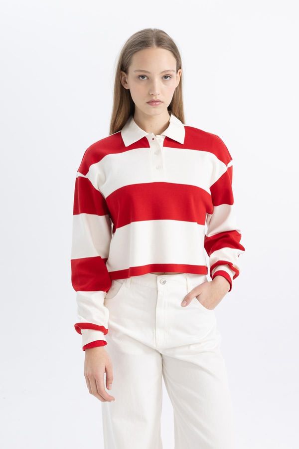 DEFACTO DEFACTO Cool Crop Striped Long Sleeve Polo T-Shirt