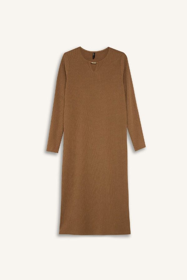 DEFACTO DEFACTO Crew Neck Basic Plain Crepe Long Sleeve Maxi Dress