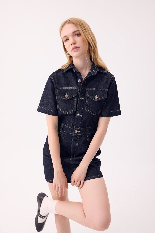 DEFACTO DEFACTO Fashion Fit Shirt Collar Pocket Short Sleeve Midi Jean Dress