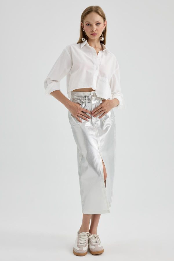 DEFACTO DEFACTO Fitted Gabardine Midi Slit Metallic Skirt