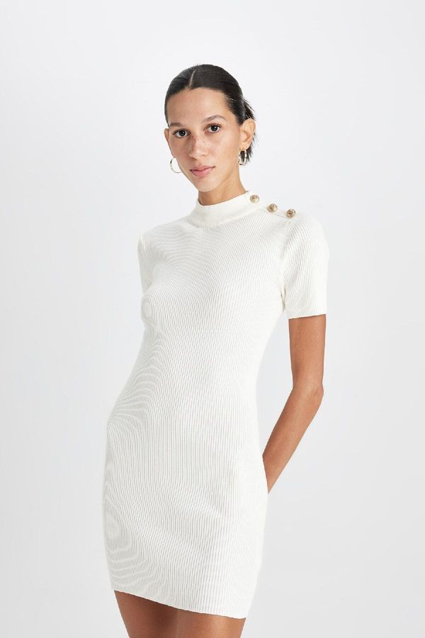 DEFACTO DEFACTO Fitted Half Turtleneck Basic Plain Button Detail Rib White Mini Dress