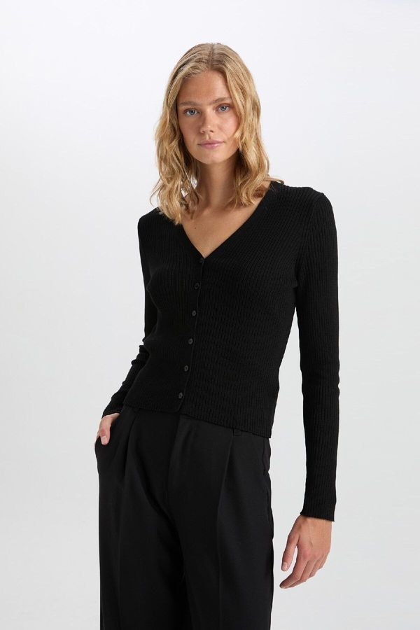 DEFACTO DEFACTO Fitted V Neck Basic Plain Button Closure Ribbed Black Cardigan