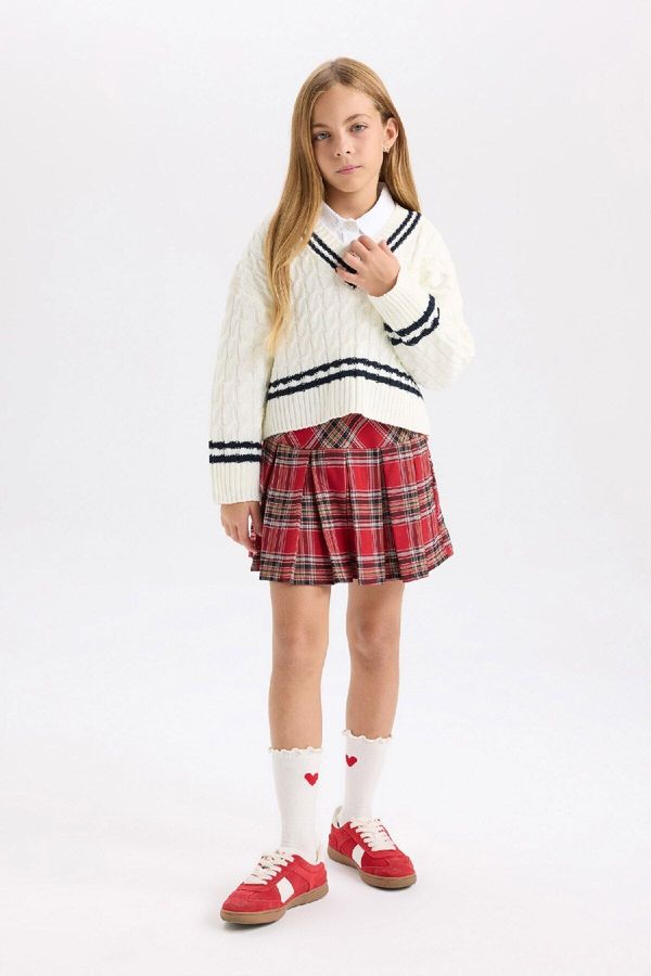 DEFACTO DEFACTO Girl Red Pleated Plaid Gabardine Skirt