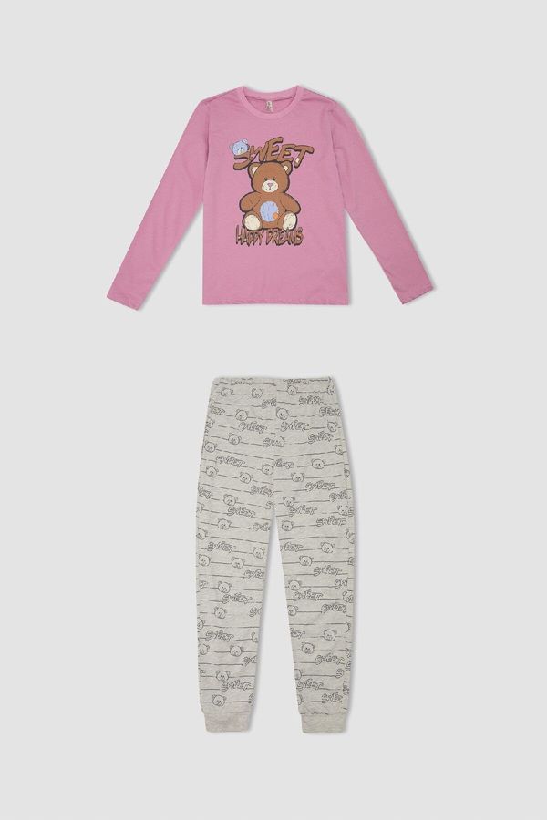 DEFACTO DEFACTO Girls Bear Printed Long Sleeve Top Elastic Waist Patterned Long Bottom Pajama Set