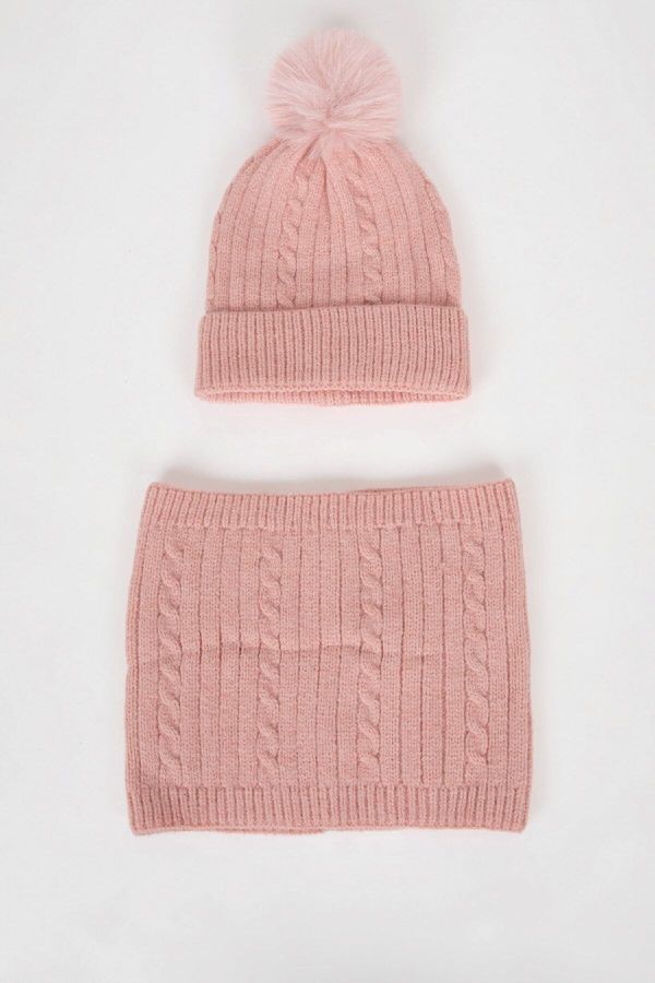 DEFACTO DEFACTO Girl's Combed Cotton Neck Collar Pompom Beanie 2-Piece Set