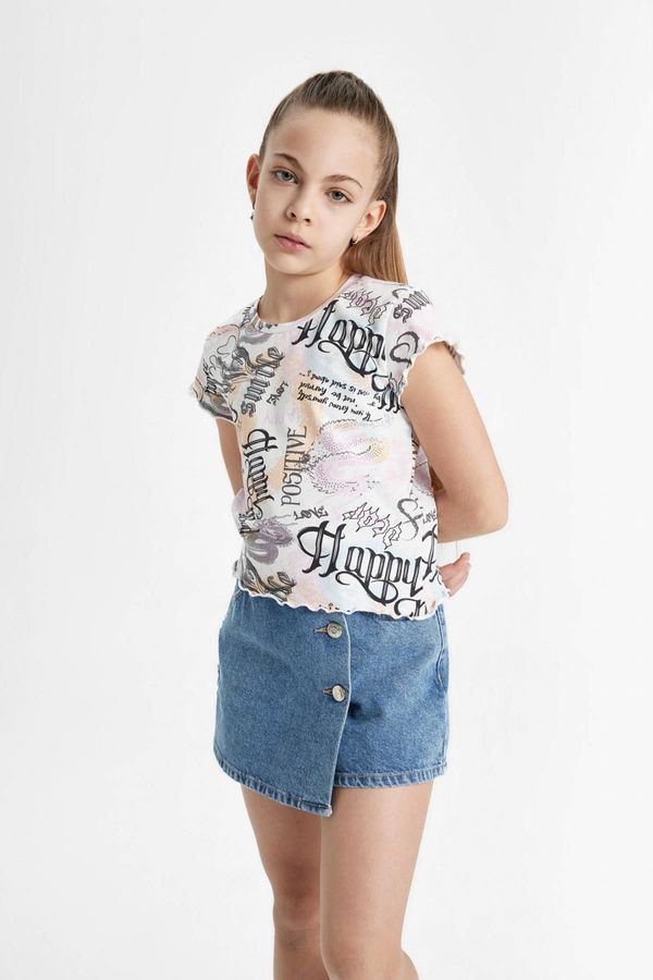 DEFACTO DEFACTO Girl's Crop Printed Short Sleeve T-Shirt