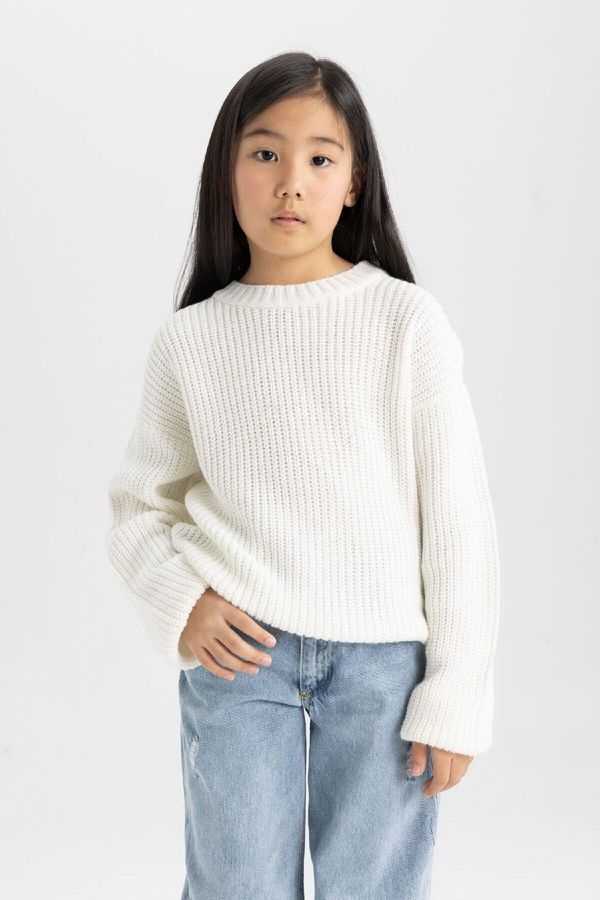 DEFACTO DEFACTO Girl's Ecru Standard Fit Crew Neck Basic Plain Knitwear Sweater