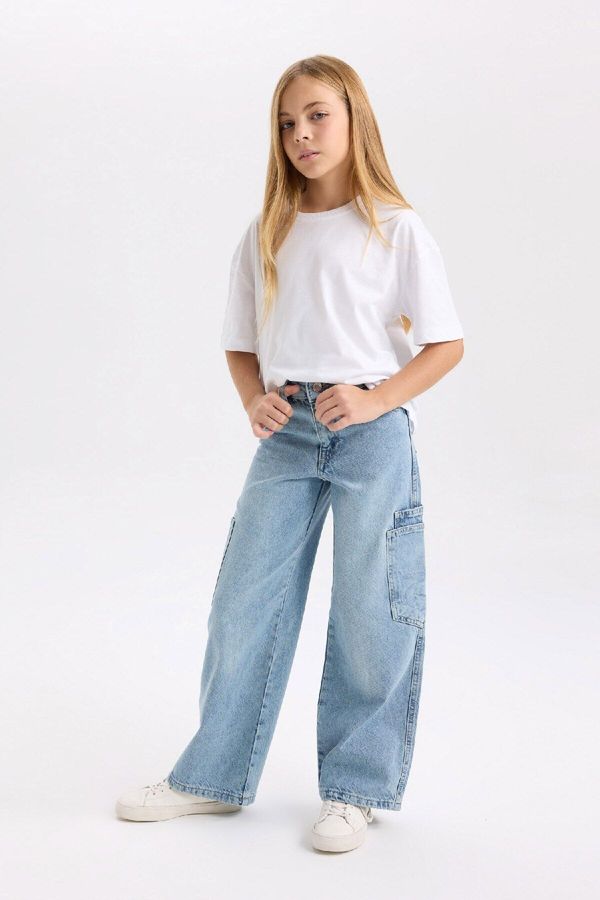 DEFACTO DEFACTO Girl's Wide Leg Cargo Pocket Wide Leg Jean Pants