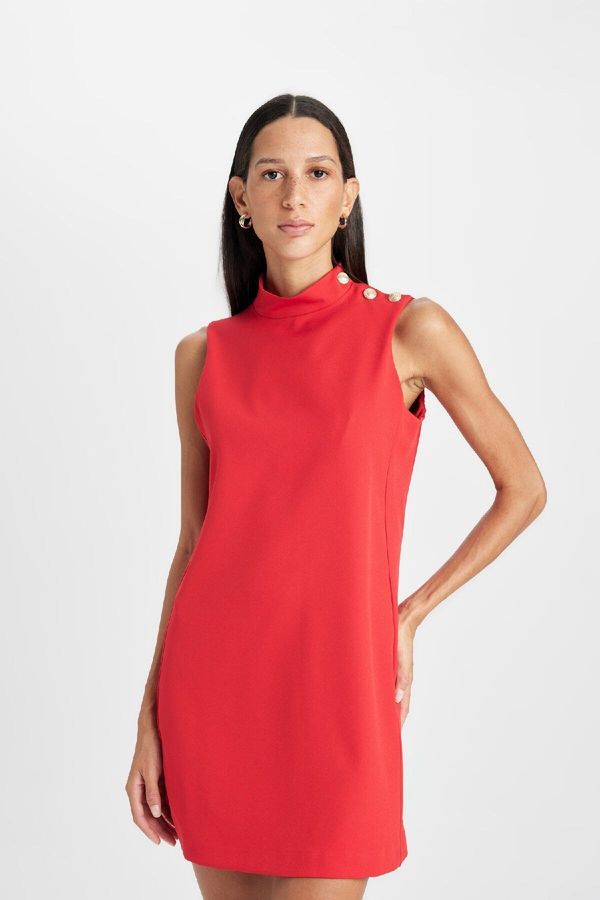 DEFACTO DEFACTO Half Turtleneck Basic Plain Button Detail Sleeveless Mini Red Dress