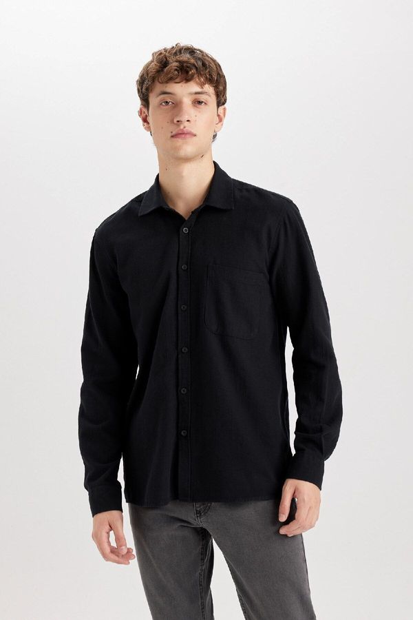 DEFACTO DEFACTO Men's Black Regular Fit Regular Cut Cotton Basic Plain Long Sleeve Black Shirt