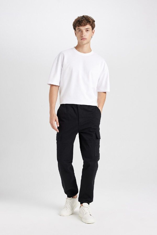 DEFACTO DEFACTO Men's Black Regular Jogger Cargo Pocket Elastic Leg Gabardine Trousers