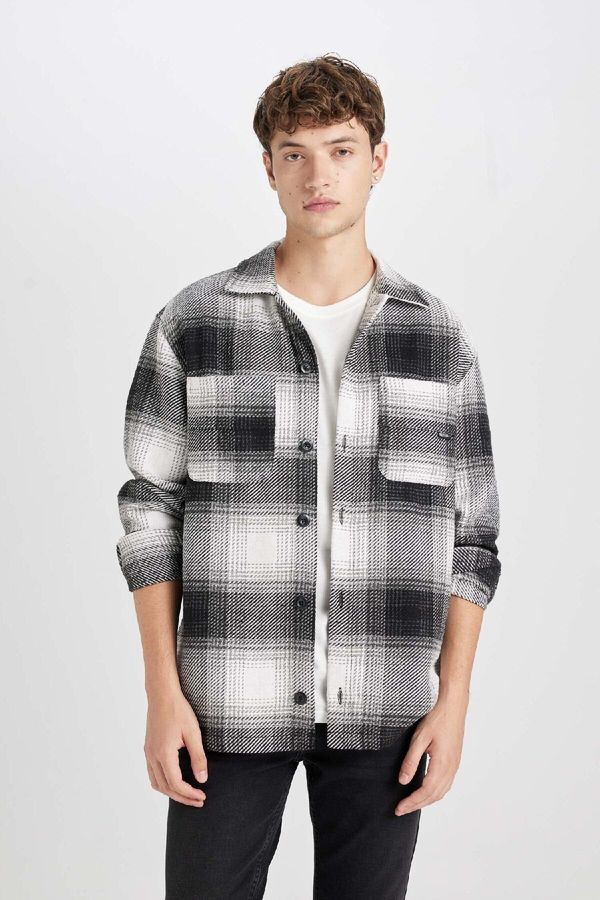 DEFACTO DEFACTO Men's Black Relax Fit Casual Cut Polo Collar Plaid Lumberjack Flannel Long Sleeve Shirt Jacket