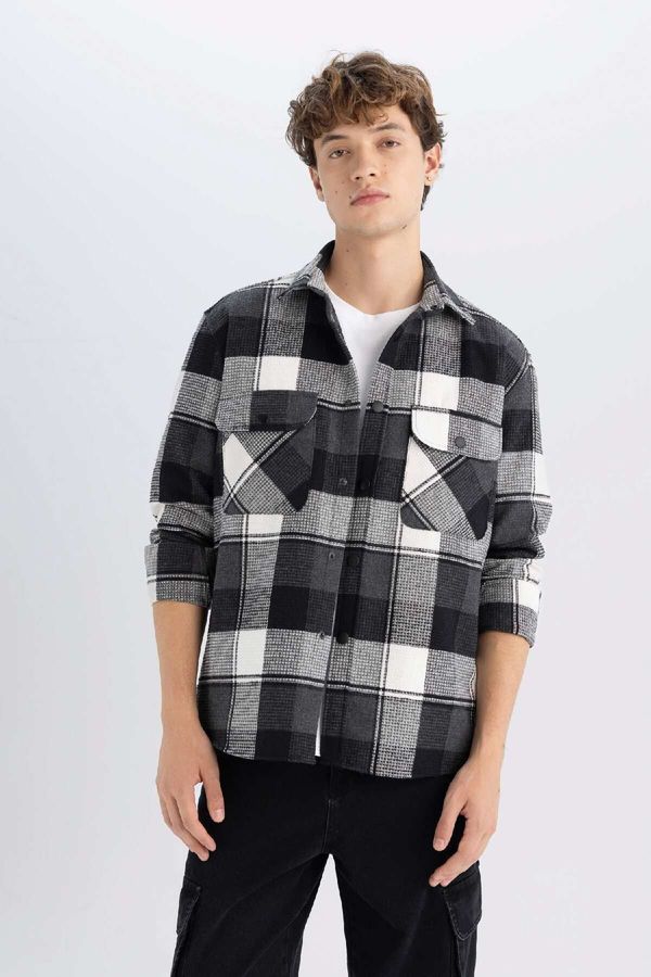 DEFACTO DEFACTO Men's Black Relax Fit Relaxed Cut Plaid Lumberjack Flannel Cotton Long Sleeve Shirt