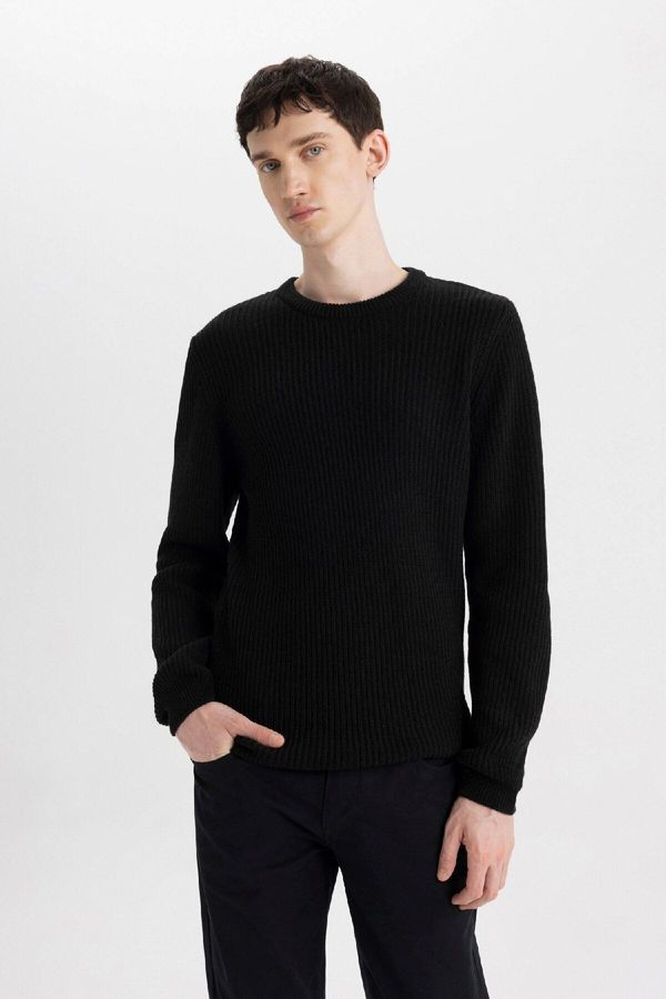 DEFACTO DEFACTO Men's Black Standard Fit Regular Cut Crew Neck Textured Knitwear Sweater