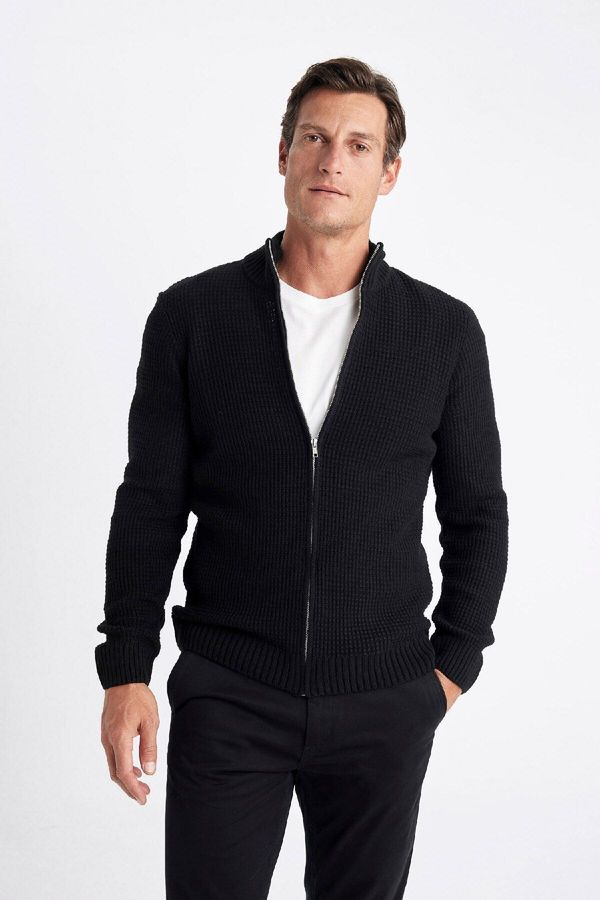 DEFACTO DEFACTO Men's Black Standard Fit Regular Cut Half Turtleneck Waffle Cardigan