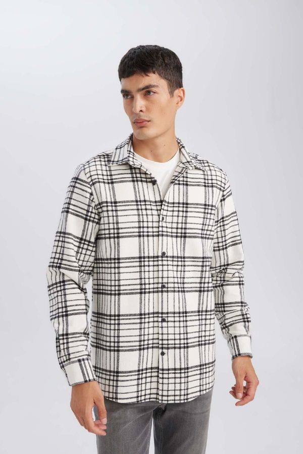 DEFACTO DEFACTO Men's Ecru Regular Fit Polo Collar Plaid Lumberjack Flannel Long Sleeve Shirt D7188axns