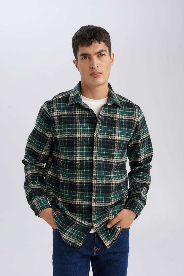 DEFACTO DEFACTO Men's Green Regular Fit Polo Collar Plaid Lumberjack Flannel Long Sleeve Shirt