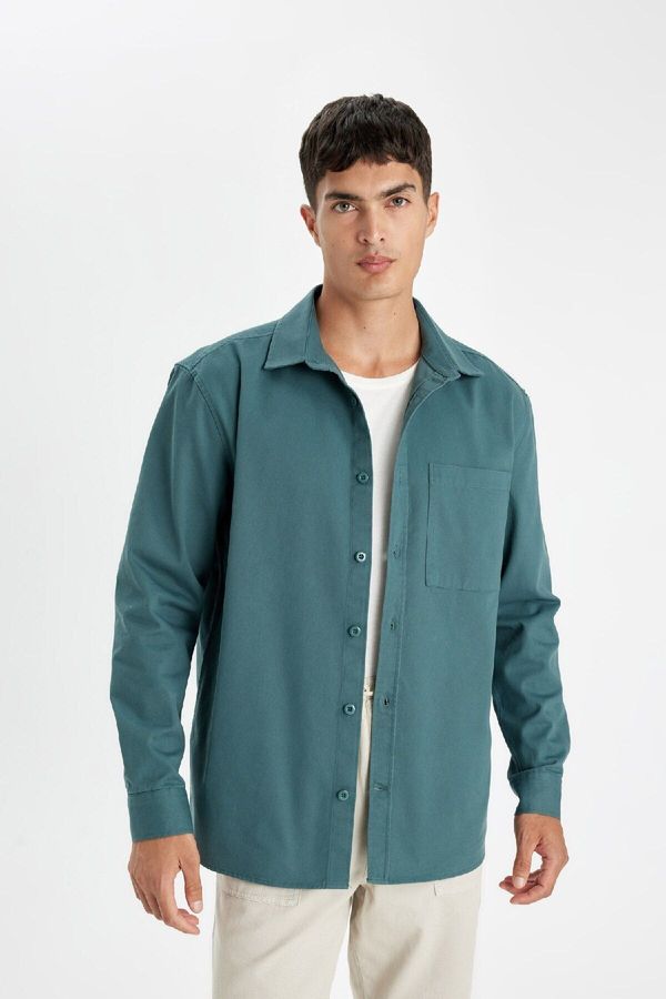 DEFACTO DEFACTO Men's Green Relax Fit Casual Cut Polo Collar Cotton Plain Long Sleeve Shirt Jacket