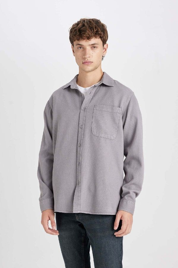 DEFACTO DEFACTO Men's Grey Regular Fit Regular Cut Polo Collar Plain Cotton Long Sleeve Shirt