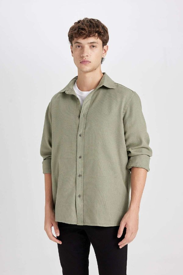 DEFACTO DEFACTO Men's Khaki Regular Fit Regular Cut Polo Collar Plain Cotton Long Sleeve Shirt