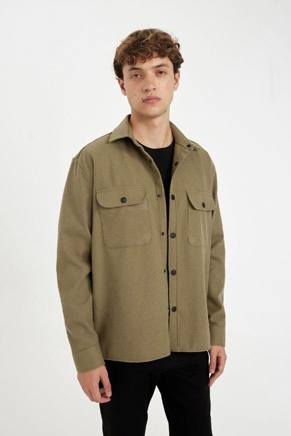 DEFACTO DEFACTO Men's Khaki Relax Fit Relaxed Fit Button-down Waffle Fabric Cotton Blend Long Sleeve Shirt