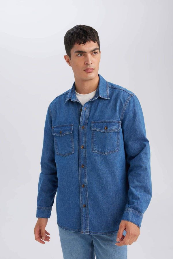 DEFACTO DEFACTO Men's Navy Blue Regular Fit Regular Cut Polo Collar Denim Jeans Long Sleeve Basic Shirt D5389Ax24Au