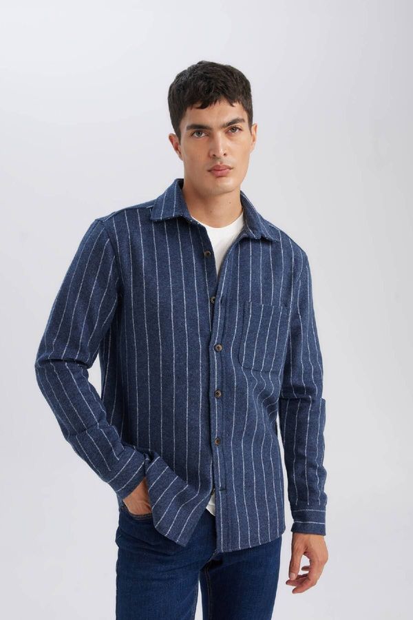 DEFACTO DEFACTO Men's Navy Blue Regular Fit Regular Cut Polo Collar Striped Lumberjack Long Sleeve Shirt