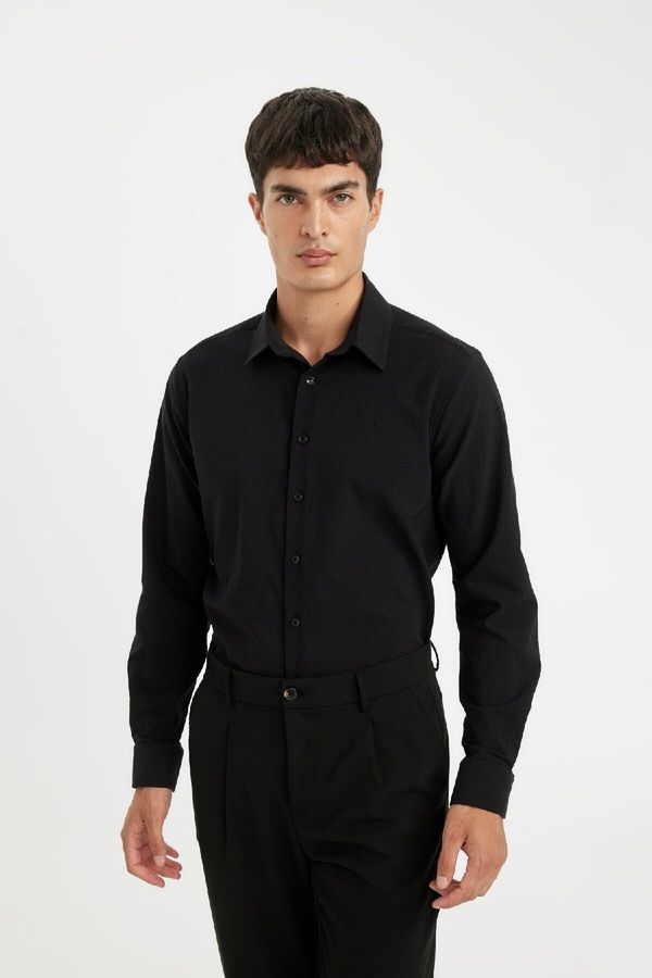 DEFACTO DEFACTO Modern Fit Polo Collar Crinkle Long Sleeve Shirt