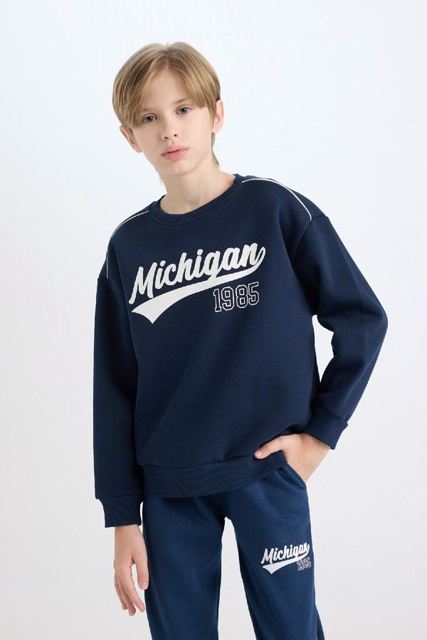 DEFACTO DEFACTO Navy Blue Boy Oversize Fit Wide Mold Crew Neck Printed Thick Sweatshirt