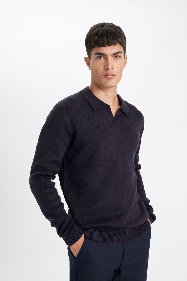 DEFACTO DEFACTO Navy Blue Standard Fit Regular Cut Polo Neck Knitwear Sweater