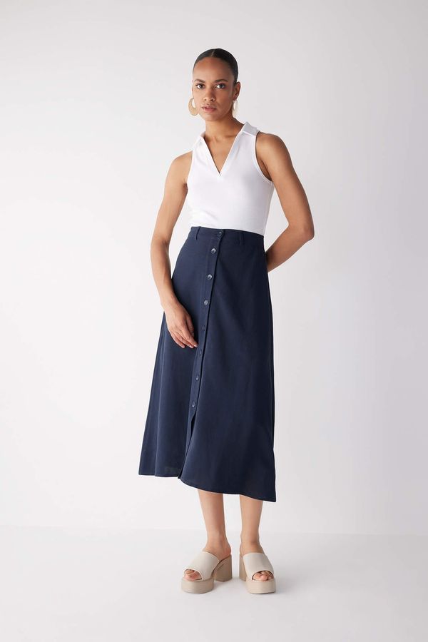 DEFACTO DEFACTO Normal Waist Lined Linen Blend Midi Skirt