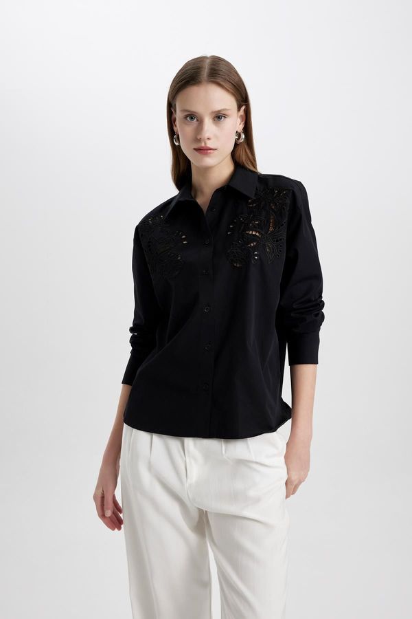 DEFACTO DEFACTO Oversize Fit Perforated Poplin Long Sleeve Black Shirt