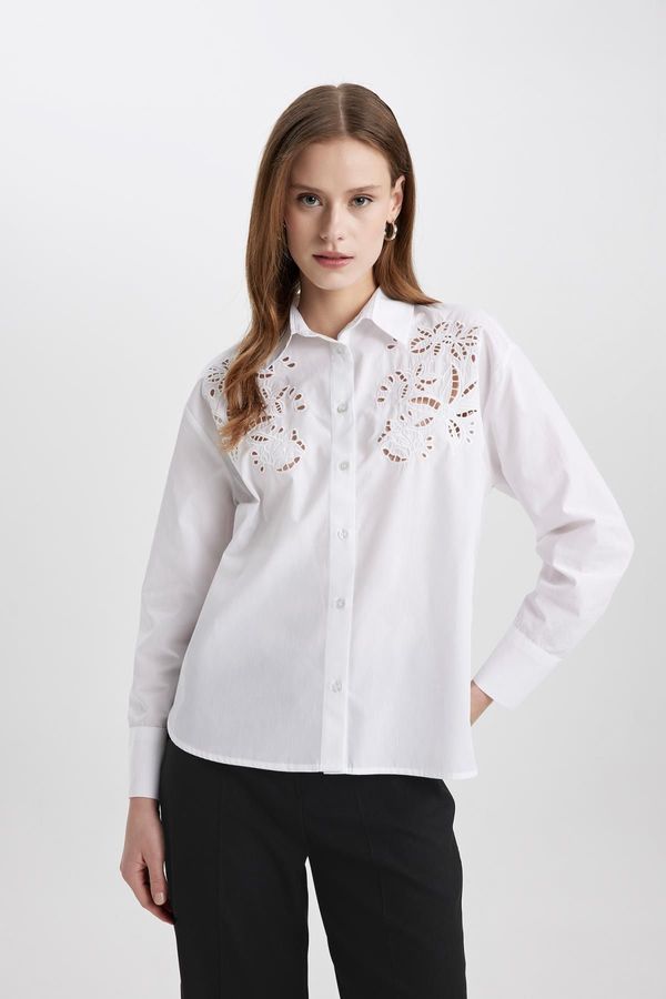 DEFACTO DEFACTO Oversize Fit Perforated Poplin Long Sleeve White Shirt