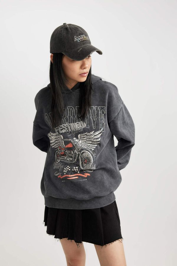 DEFACTO DEFACTO Oversize Fit Printed Hooded Thick Sweatshirt