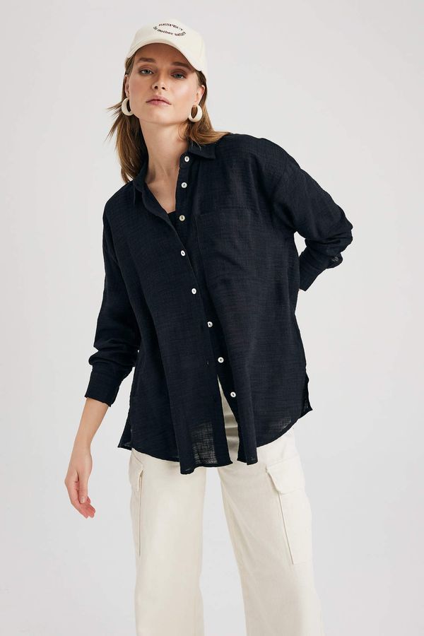 DEFACTO DEFACTO Oversize Fit Shirt Collar Linen Look Long Sleeve Shirt