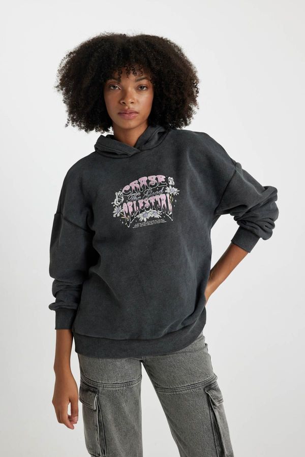 DEFACTO DEFACTO Oversize Fit Wide Mold Back Printed Hooded Thick Washed Faded Effect Sweatshirt